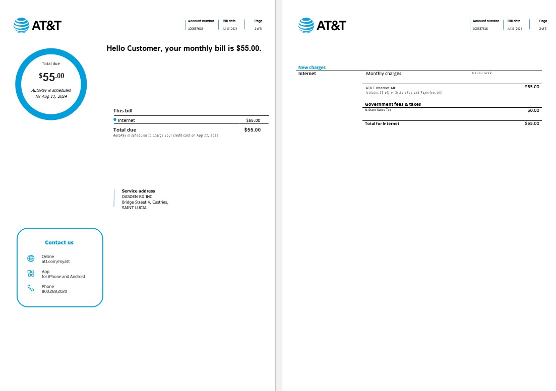 Saint Lucia internet business utility bill Word and PDF template, 3 pages1 PSD template